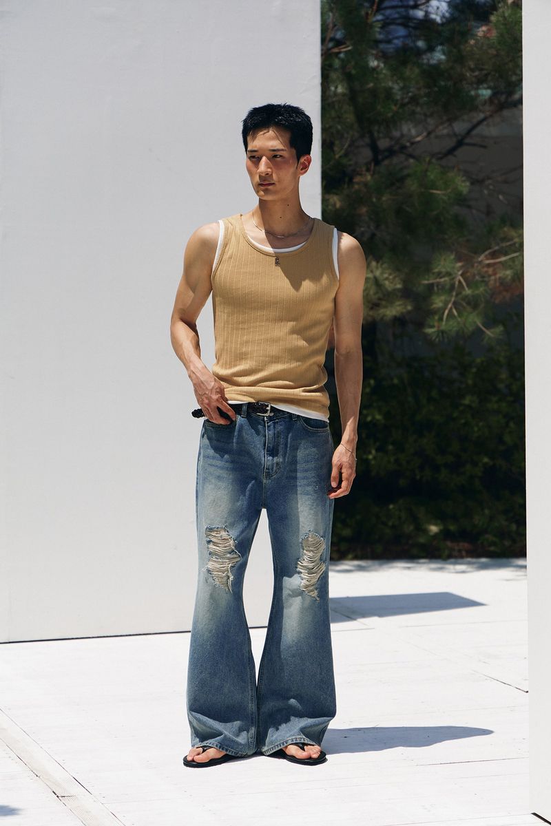 Tin washed damage flare denim pants(Blue)