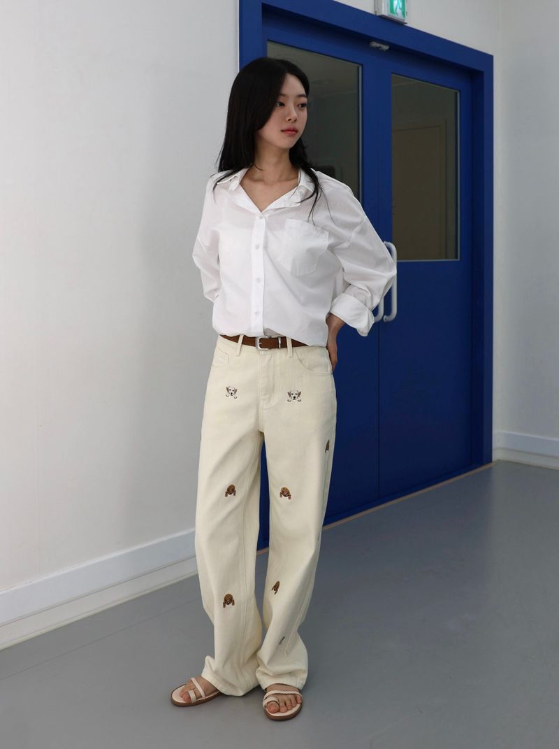 PUPPY EMBROIDERED CREAM DYED STRAIGHT DENIM code 26226