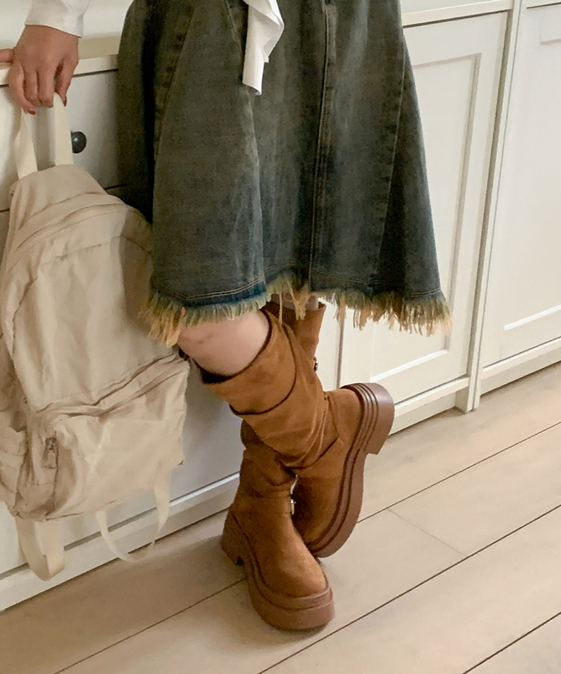 line suede buckle slouch long bootS