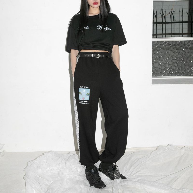 Lace Cat Jogger Pants - BLACK