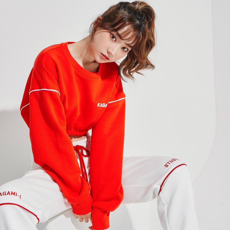 Oversize Line Point Crop Sweat shirt Red