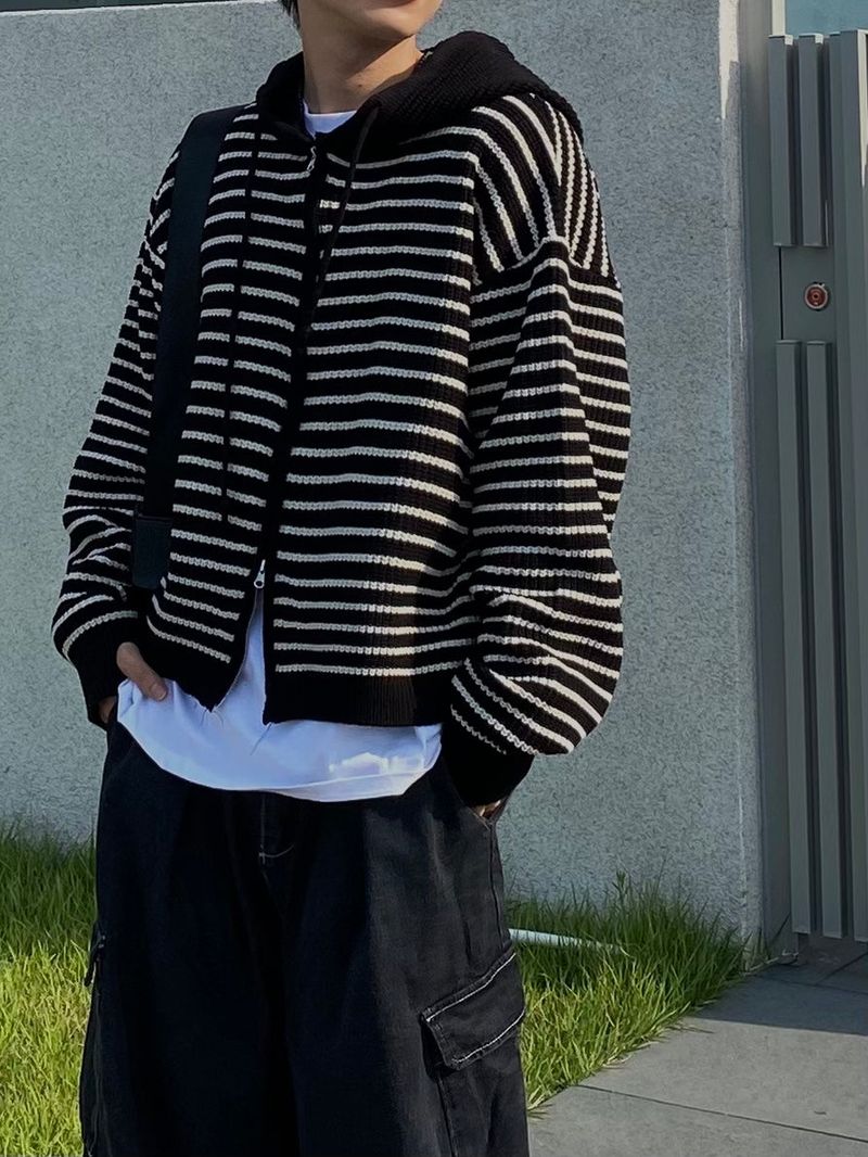 Stripe knit hooded zip up 3C
