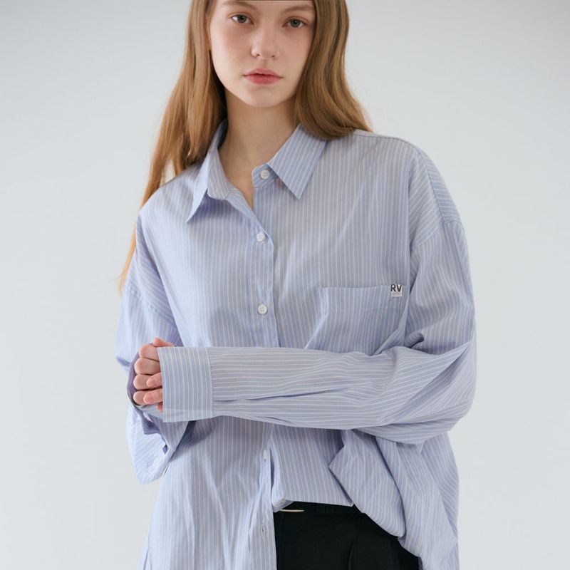 Over-sized Stripe Long Shirts Blue