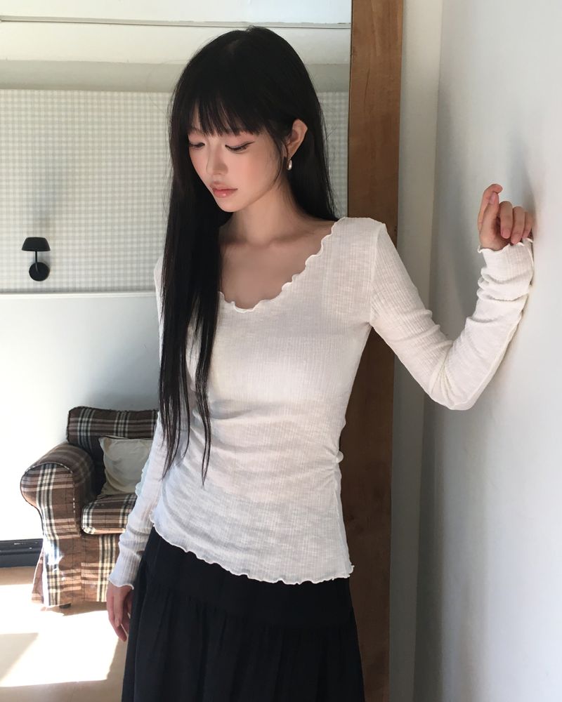 シャレル フリル Vネック ロングスリーブ Tシャツ