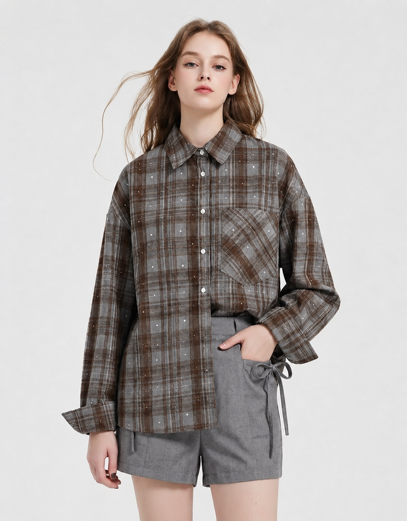 TWEEDY-A（ツウィーディア）の「[PRE-FALL] Breed Crystal Oversized-Fit Tartan Checkered Shirt Brown Grey（Tops）」