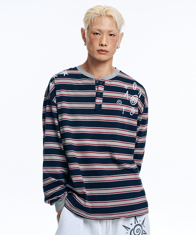 EASY NO EASY（イージーノーイージー）の「Pigment Stripe Henley Neck Long Sleeve - Grey（Tops）」