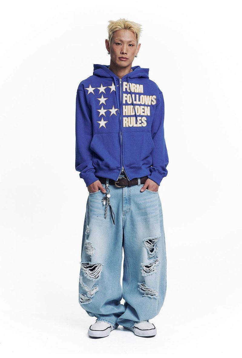 Star Lettering Patch Hoodie Zip-Up - Blue