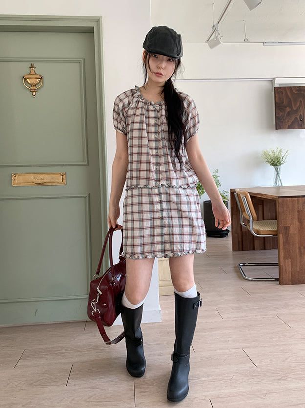 SAGE CHECK FRILL DRESS (2C)