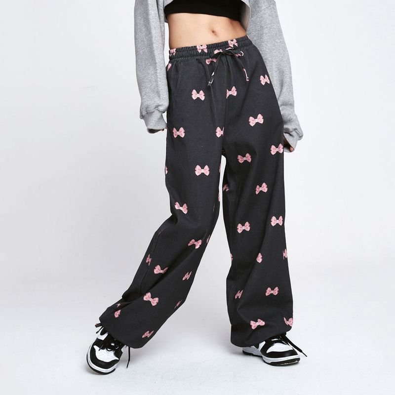 Ribbon pattern Jogger pants [Black]