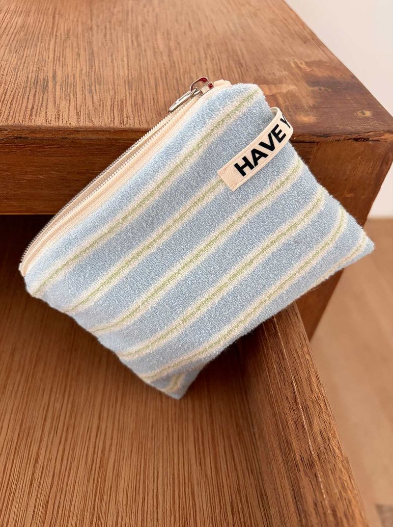 Terry candy stripe flat pouch - blue , S size