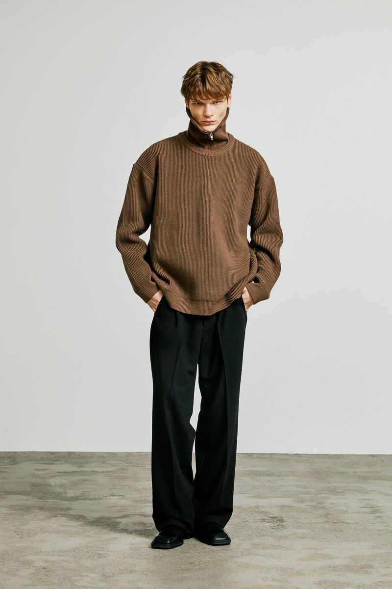 neck warmer wide collar zip-up knit brown