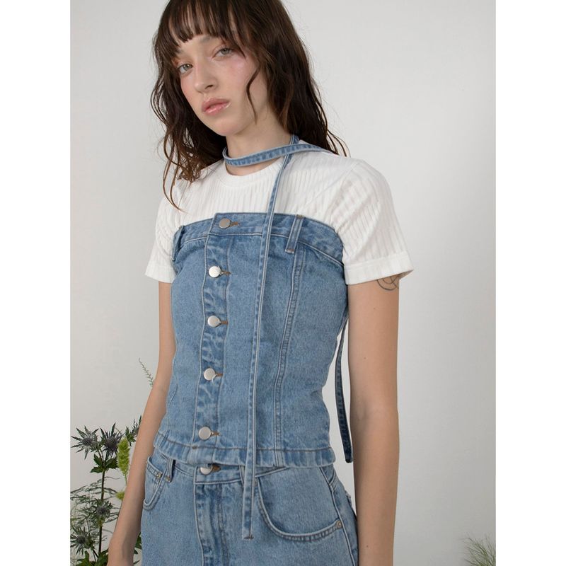 SCARF DENIM TUBE TOP - SKY BLUE