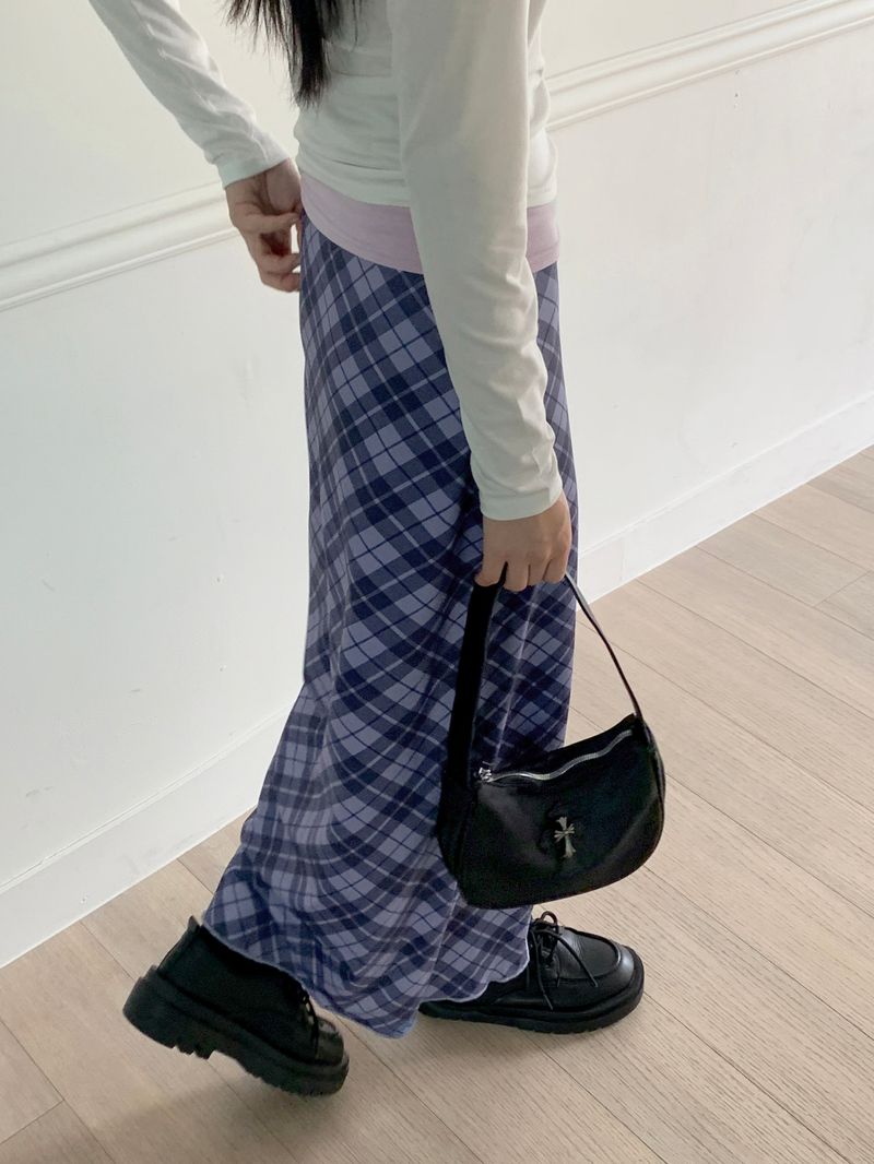 Shabin Vintage Y2K Check Pattern Ribbon Long Skirt