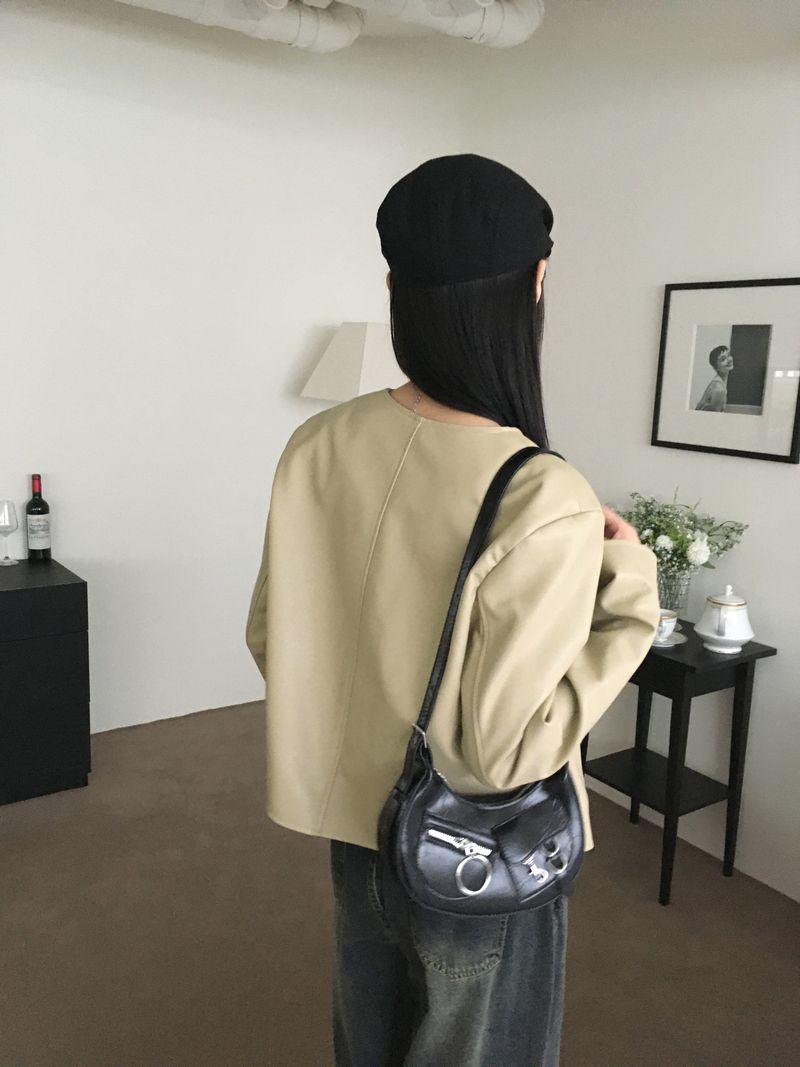 TF no-collar V short leather jacket