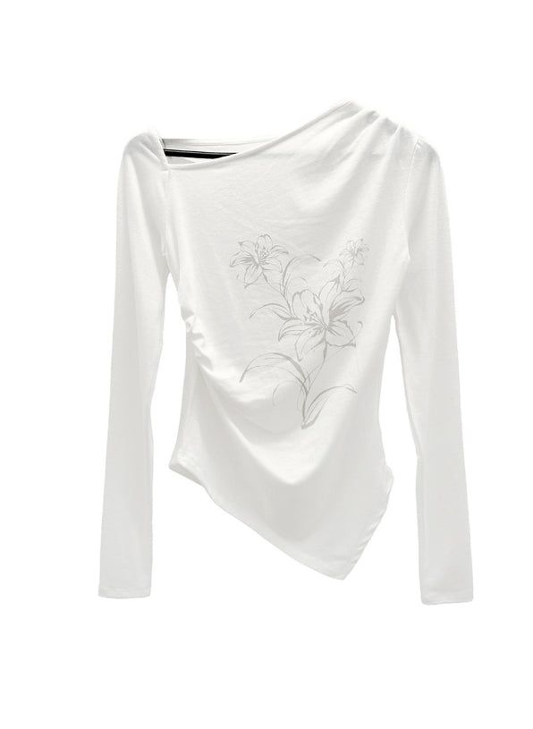 Ink Painting Flower One-Shoulder Off-Tee