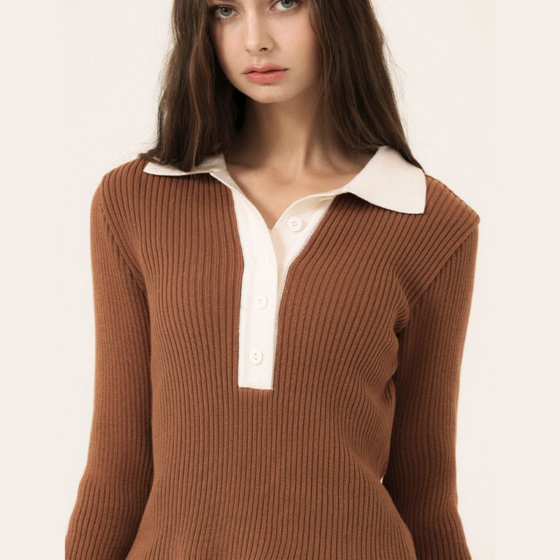 COLOR BLOCK LONG SLEEVED POLO KNIT - BROWN