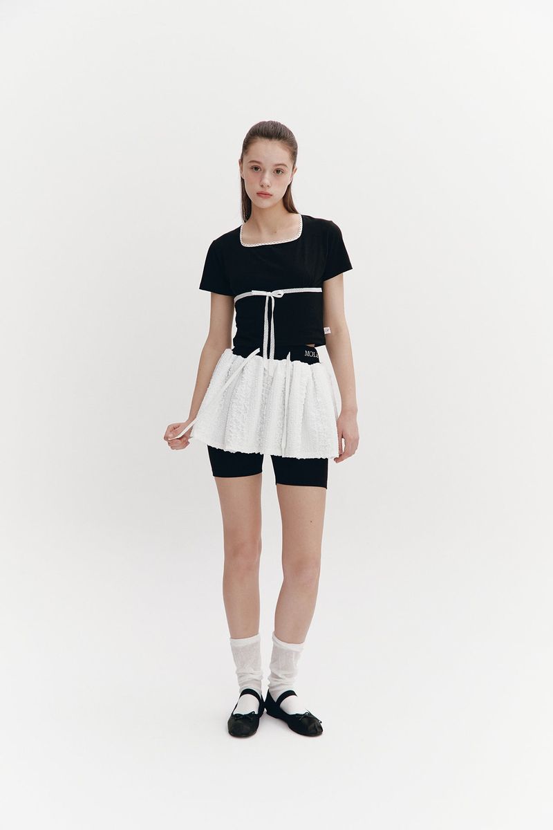 Lace Ribbon Shirring Top Black
