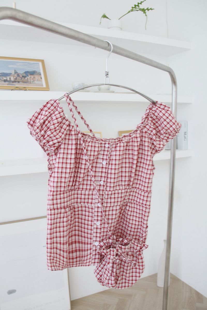 [Bag set] Red checkered frill blouse