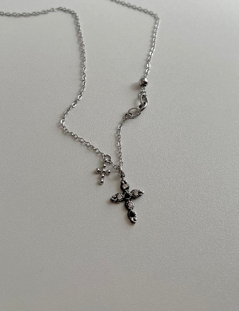 bif black twin cross turquoise stainless steel double ball short long layered gemstone necklace
