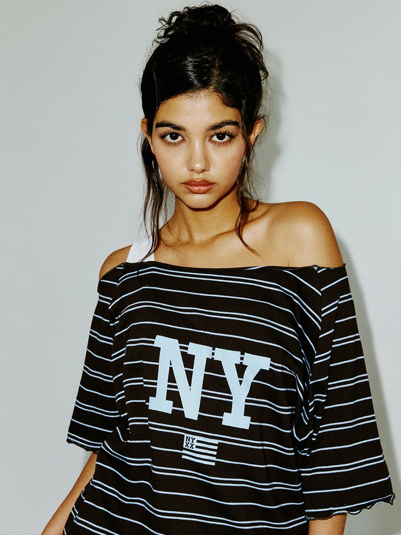 STRIPE OFF SHOULDER SS CHARCOAL