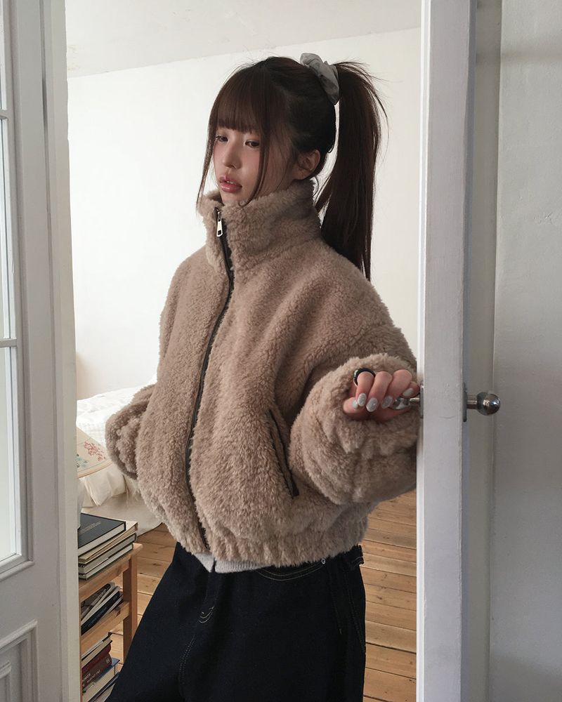 Deuren Quilted Fur Color-Block Zip-Up Jumper
