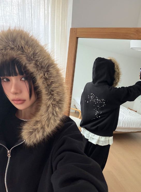 (Lining Brushed) STARRY FUR HOOD ZIP-UP