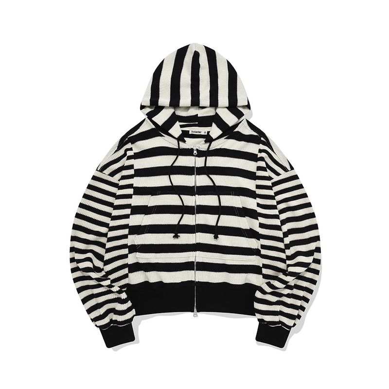 karactor（カラクター）の「Striped knit hooded zip up / Ivory black（Tops）」