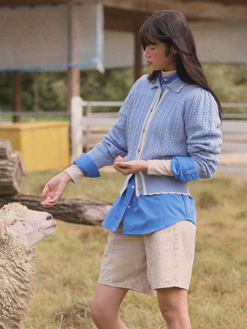 Wavy Collar Cable Merino Cardigan (Light Blue)