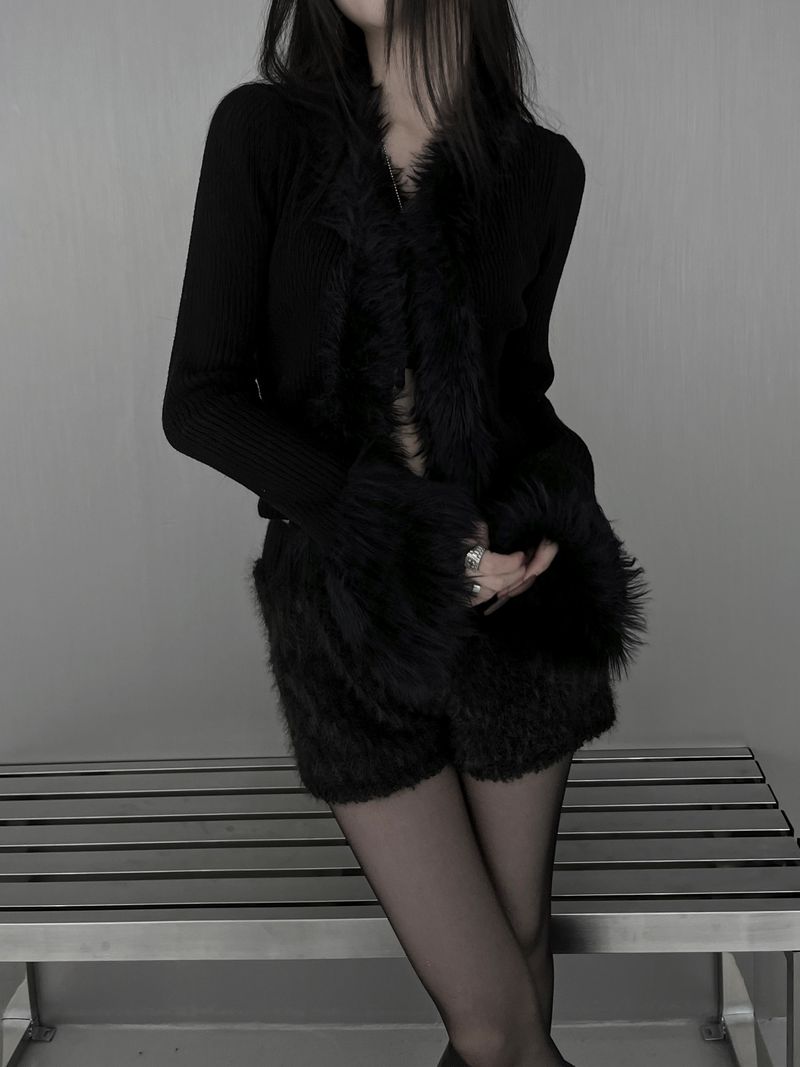 silm ribbed fur strap cardigan (2color)