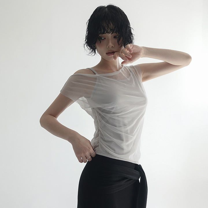 [Encoat] Tank Layered Mesh Cap Sleeve T-Shirt - 3color