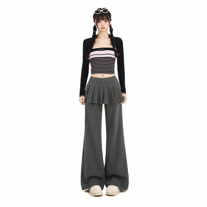 Layered Pleated Skirt Flare Pants