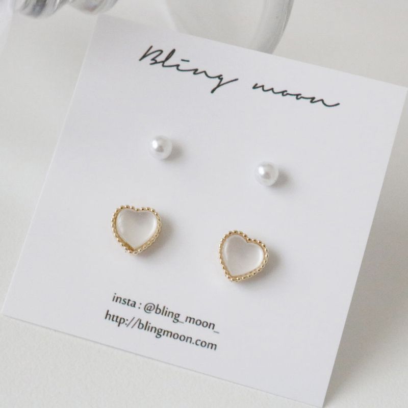 [2 set] Luminous Heart Pearl Earring Set / 2 color
