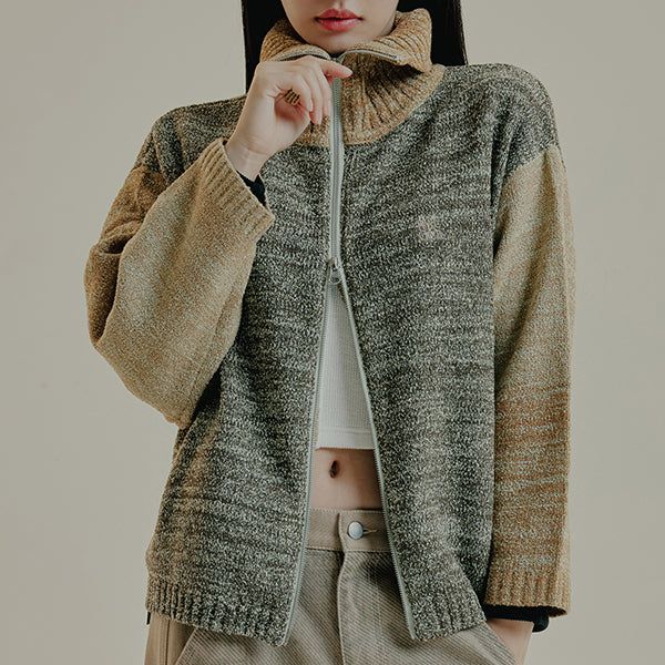 TONE VARIATION BOUCLE KNIT ZIP UP