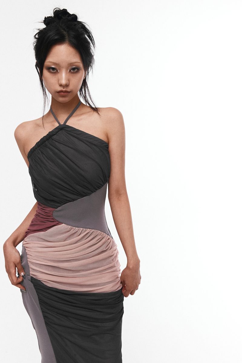 SHIRRING HALTERNECK DRESS #GRAY