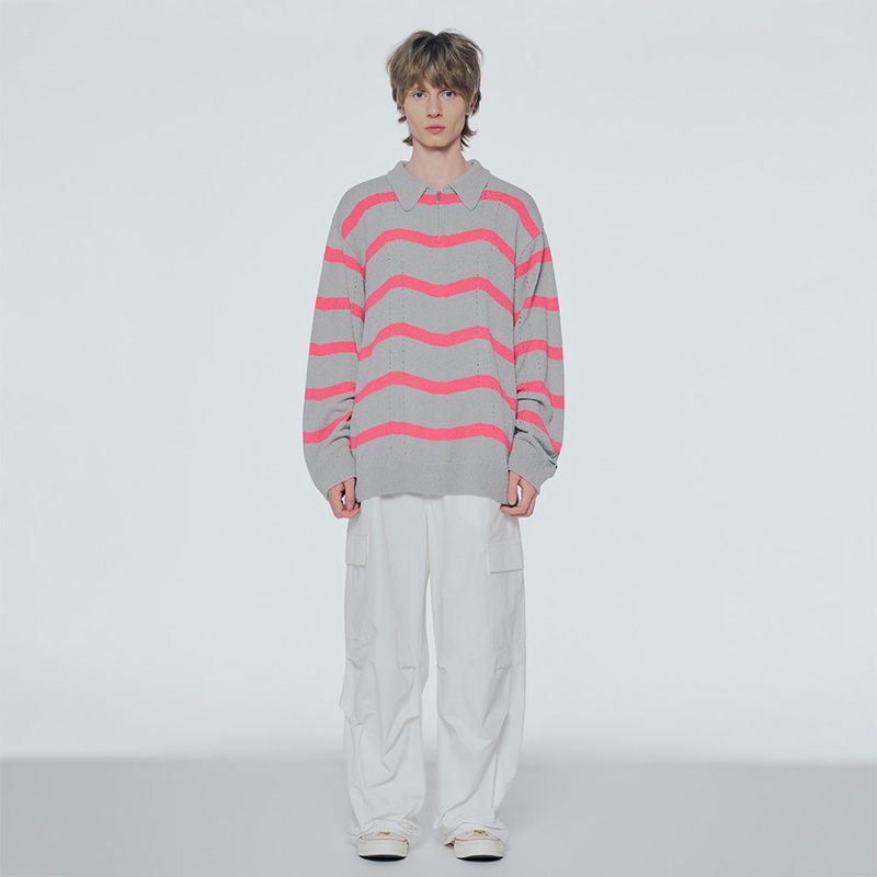 Striped half-zip boucle sweater
