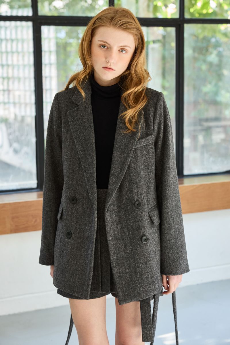 CLASSY HERRINGBONE WOOL JACKET / CHARCOAL