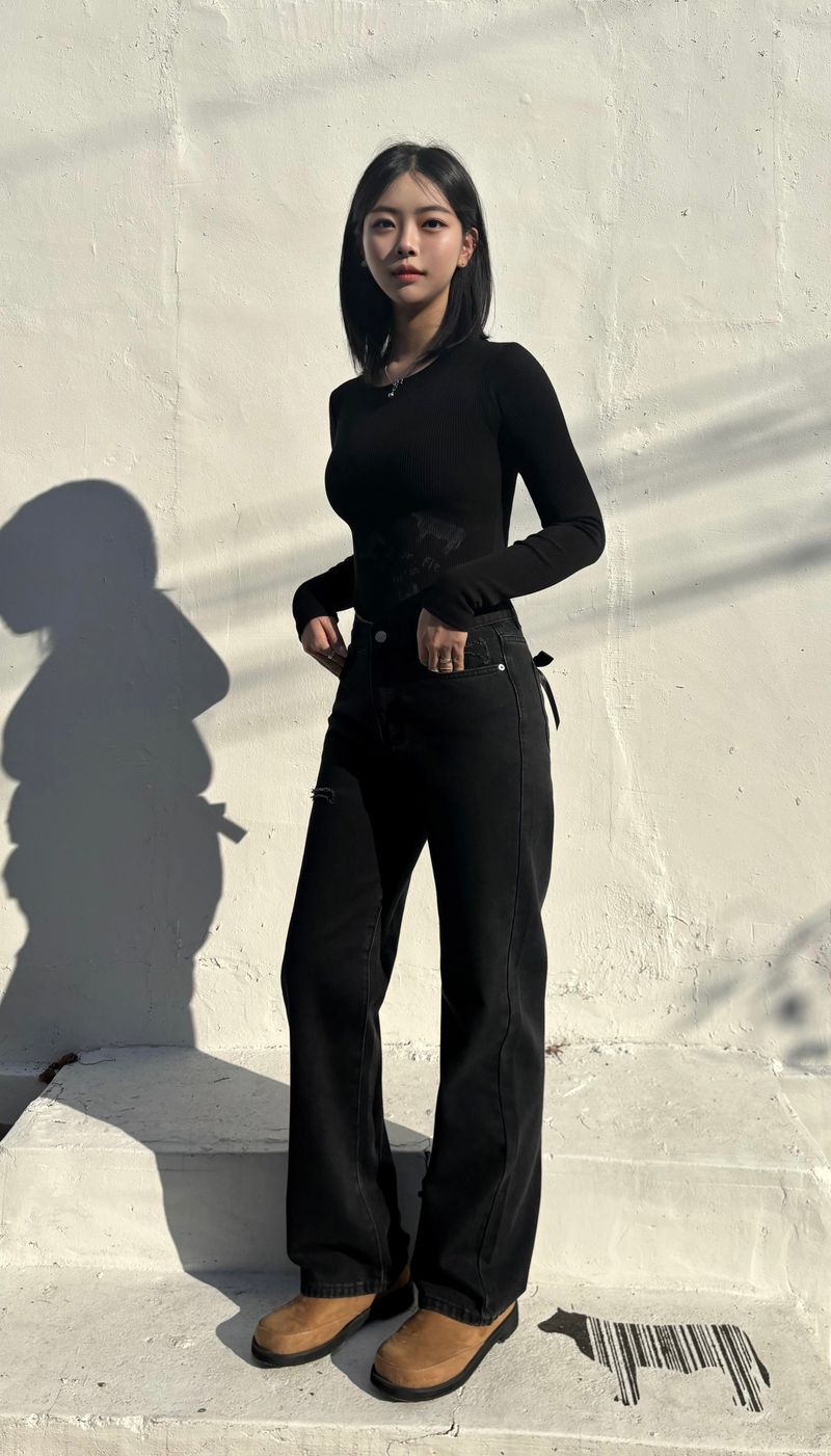 RIBBON SEMI-WIDE BLACK DENIM PANTS code 18318