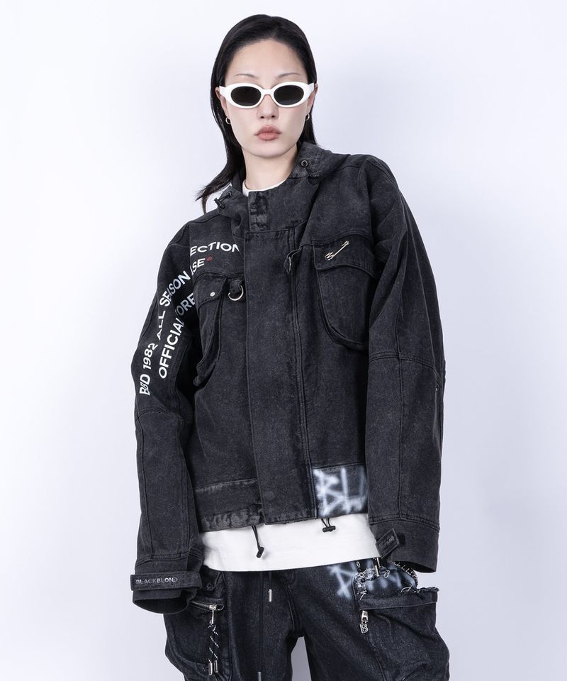 BLACKBLOND（ブラックブロンド）の「BBD ヴィンテージクラッシュフードデニムジップアップジャケット (ブラック)（ジャケット/アウター）」