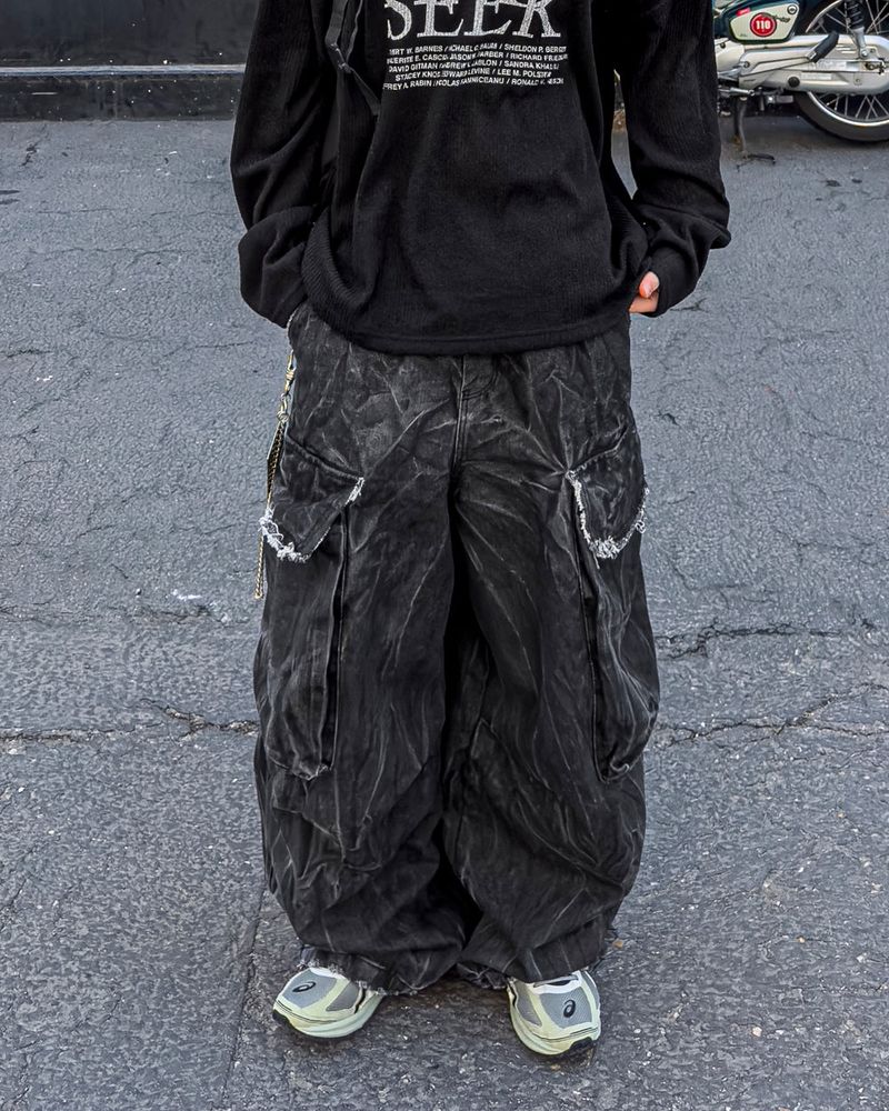 Fringe Balloon Cargo Denim Pants