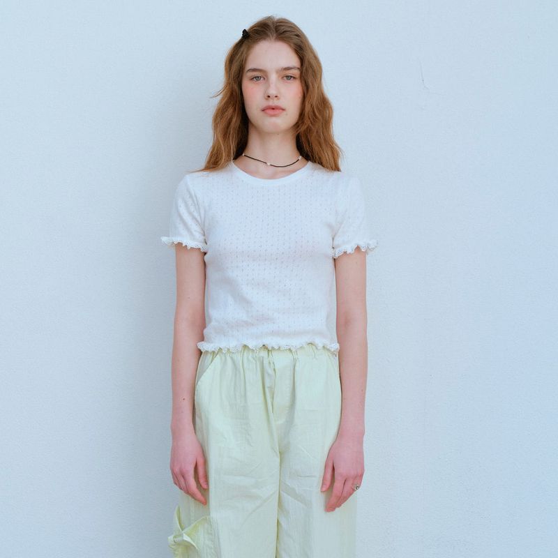 LACE HEM HALF SLEEVE TEE, WHITE