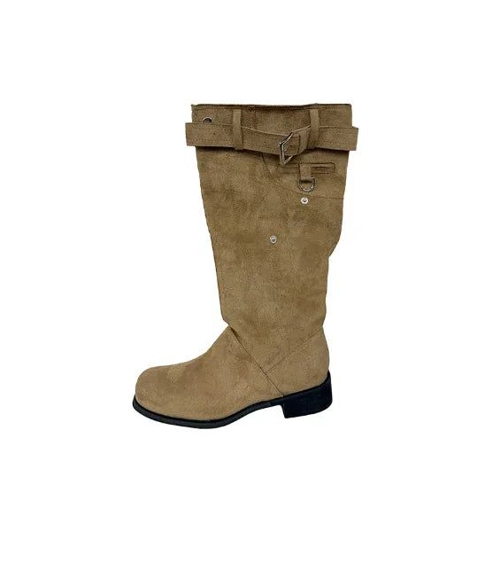 Pocket Buckle Suede Slouch Long Boots