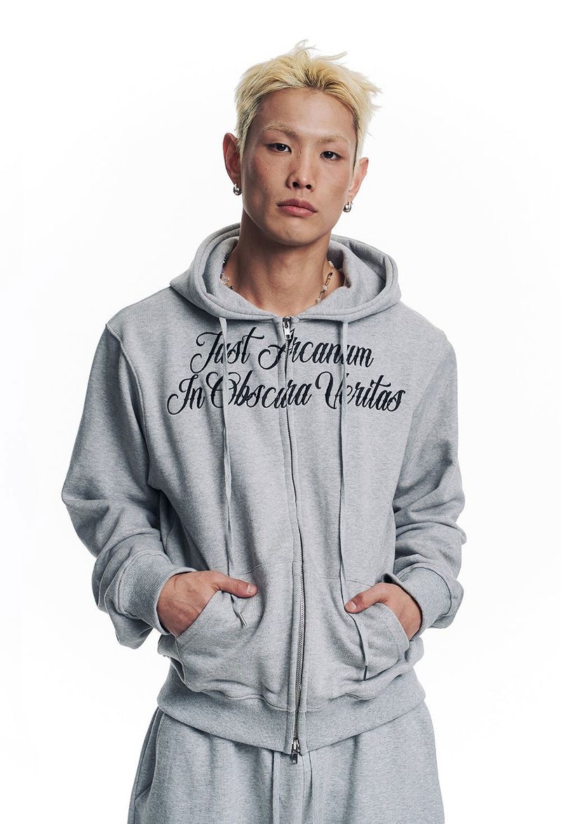 Lettering Embroidered Hoodie Zip-Up - Gray