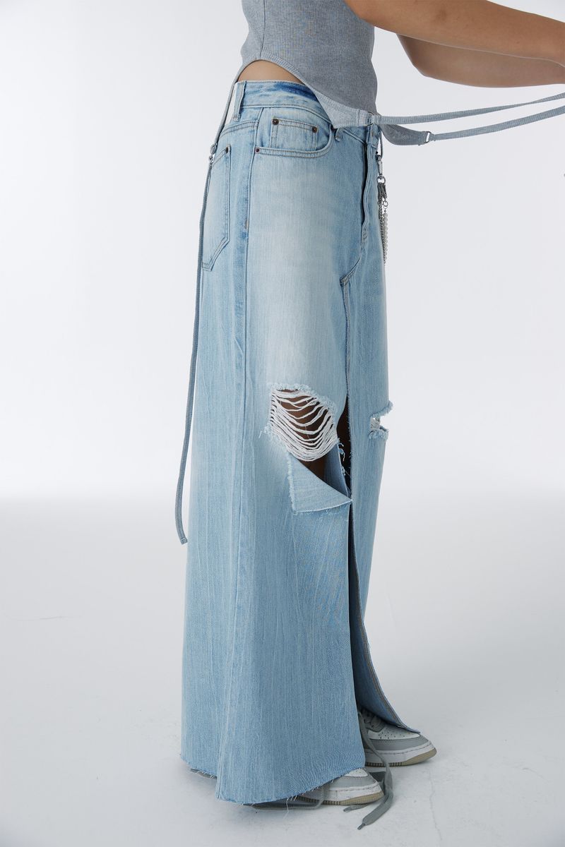DAMAGED LONG DENIM SKIRT (BLUE)