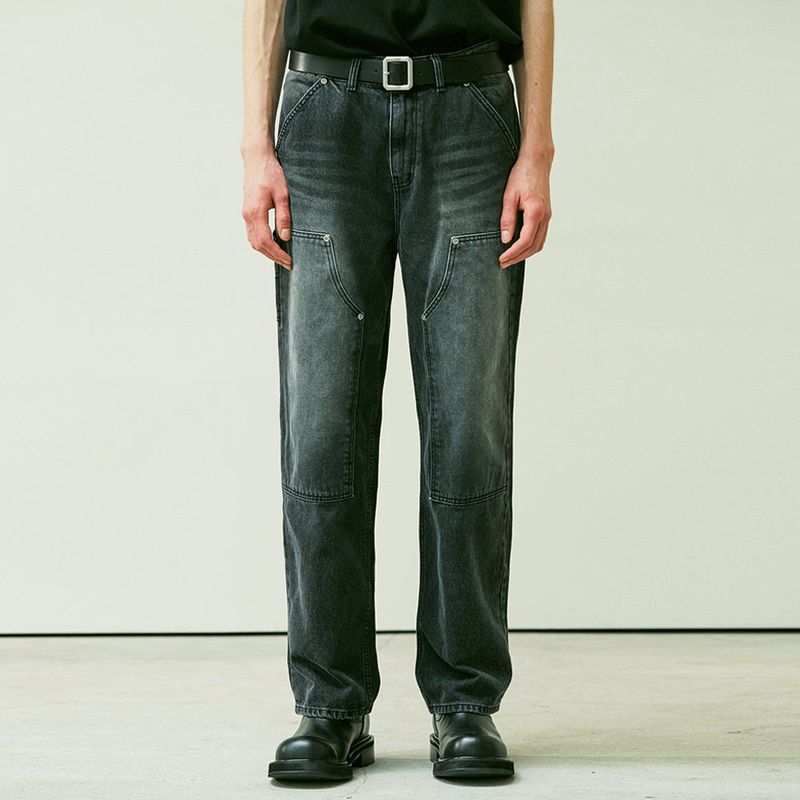 STRAIGHT DOUBLE KNEE WASHED DENIM PANTS BLACK