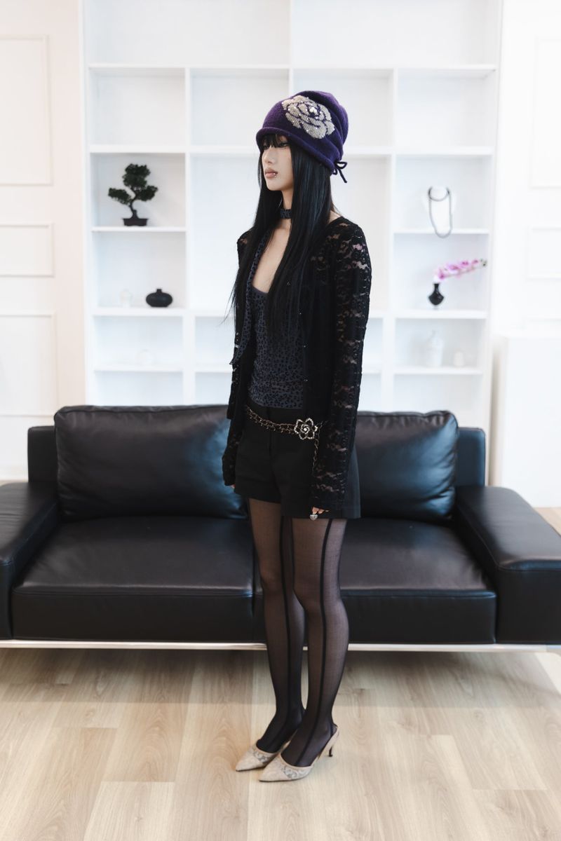 [Sepia] Leopard mesh sleeveless (scarf set) (Black/Blue)