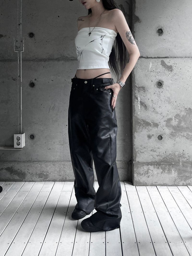 [unisex] side buckle leather wide pants