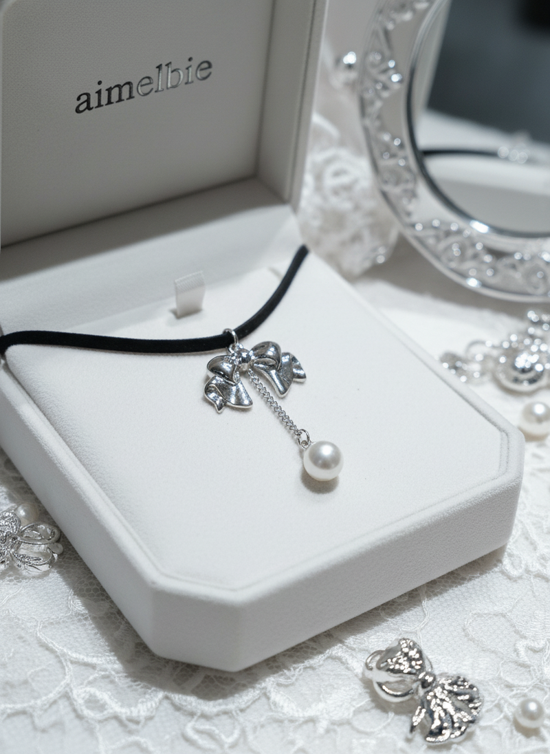 [IVE Wonyoung Necklace] Romantic bow and pearl drop choker - Silver Color