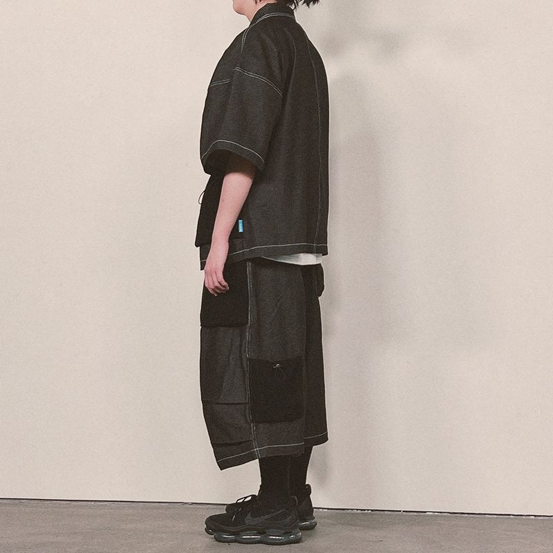 reverse terry pocket denim shortsleeve shirt_black