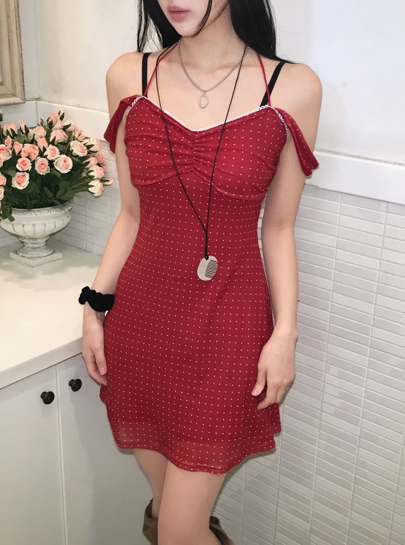 Cherry Kiss Dot Shirring Halter Mini Dress