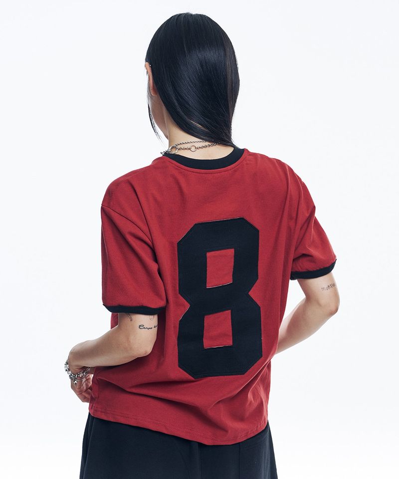 Numbering Patch Crop Ringer T-Shirt - Red